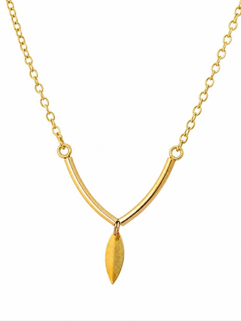 Vintage Gold Tone Curved Bar Necklace Leaf Pendant Minimalist Chain